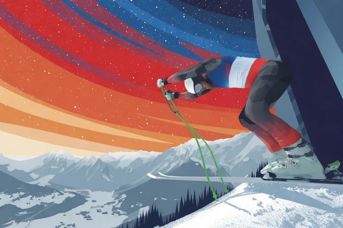 Illustrated downhill racer exploding out of the start gate